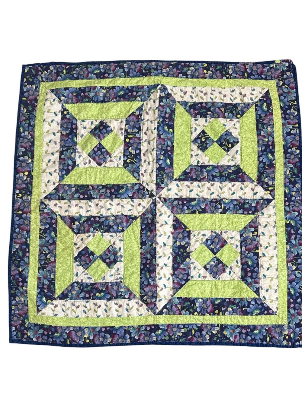 Vintage Hand Made Blue Green Geometric Baby Quilt 31”x31”